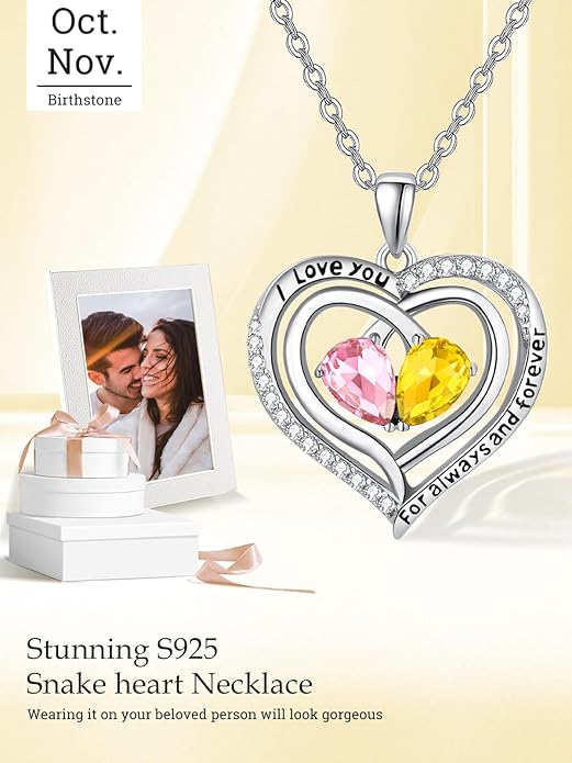 Zeuslia Double Birthstone Necklace Gifts for Wife - 925 Sterling Silver Sunflower/Rose/Crown Cross/Compass/Heart Pendant I Love You Necklace, Anniversary Birthday Gifts for Wife Girlfriend Mom Her