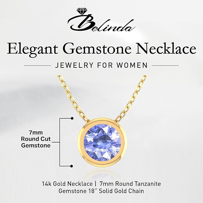14K Gold Necklace for Women - 7mm Round Natural Gemstone Pendant with 18" Gold Chain - Trendy Birthstone Statement Fine Jewelry - Yellow Gold, Elegant Women's Accessories