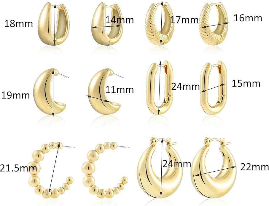 6 Pairs Gold Hoop Earrings for Women, 14K Gold Plated Lightweight Chunky Hoop Earrings Set Hypoallergenic, Thick Open Huggie Hoops Earrings Jewelry for Gifts.