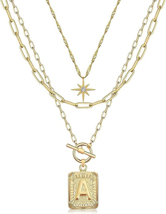 MJartoria Layered Initial Necklaces for Women Trendy, 14K Gold Plated Brass Simple Star Choker Square Letter Pendant Necklace, Paperclip Chain Necklaces Jewelry Gifts