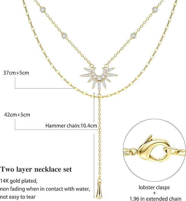Dochais Dainty Gold Layered Necklace for Women, 14K Gold Plated Y Necklace & Chain, Dainty Lariat Long Necklaces, Trendy Cubic Zirconia Choker, Sun, Heart, Pearl & Cross Pendant Necklace, Jewelry Gift