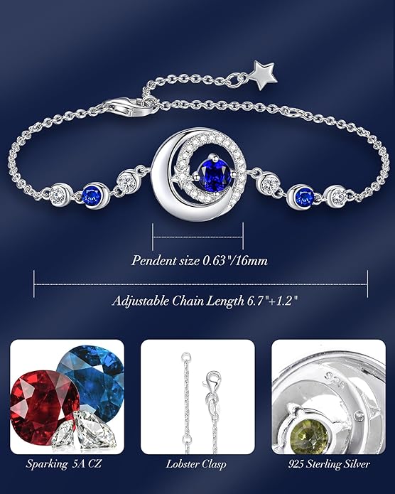 FANCIME Birthstone Bracelets 925 Sterling Silver Moon and Star Bangle Charm Bracelet Fine Jewelry Birthday Anniversary Christmas Day Gift for Her Women, Adjustable Chain 6.7"+1.2" Extend