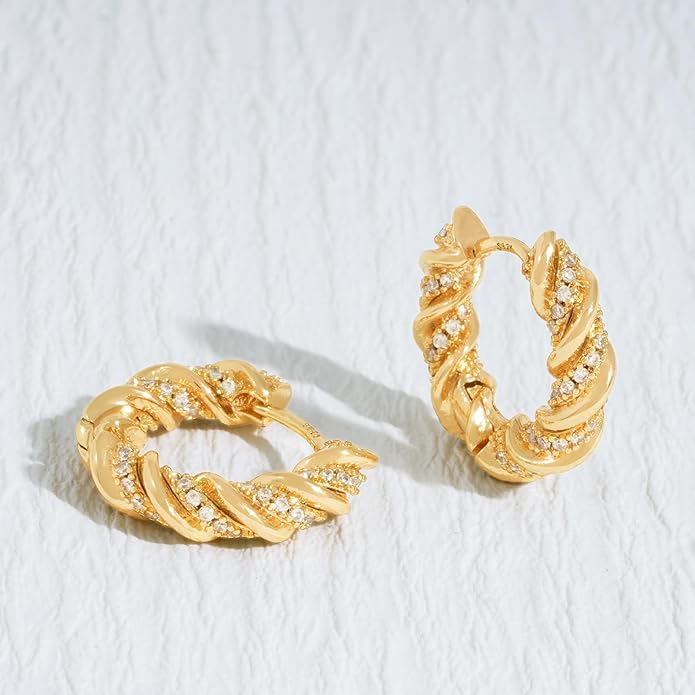 Gold Huggie Hoop Earrings 14K Gold Plated Dainty Chunky Thick Hoop Diamond Cubic Zriconia Inlay Sleeper Tiny Delicate Boho Beach Simple Hypoallergenic Jewelry Gift for Her