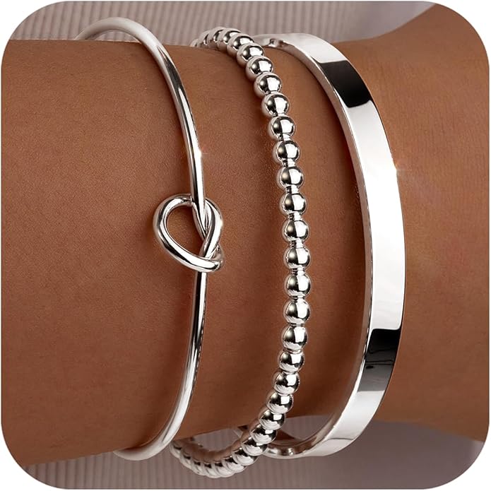 Silver Bracelets for Women Stack, Silver or Gold Plated Cuff Bangle Set, Trendy Silver Jewelry for Women Fashion