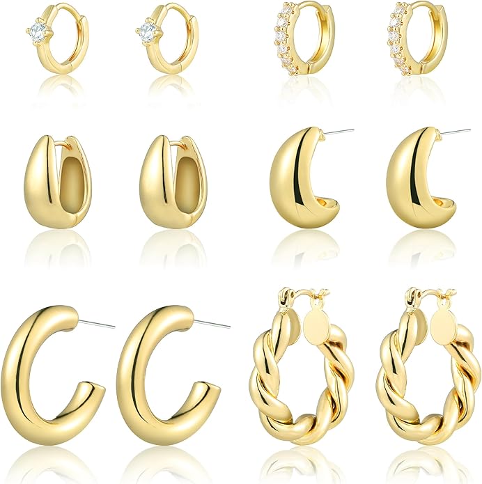 6 Pairs Gold Hoop Earrings for Women, 14K Gold Plated Huggie Hoop Earrings Set Hypoallergenic Lightweight Chunky Open Hoops Jewelry for Gift