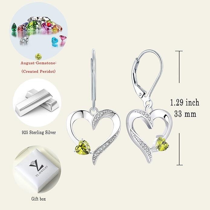 YL Heart Dangle Earrings 925 Sterling Silver Drop Earrings Birthstone Leverback Jewelry for Women