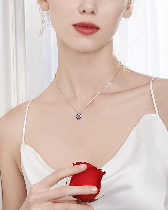 FANCIME 14K Solid White Gold Rose Pendant with Sterling Silver Chain Heart Birthstone Gemstone Fine Jewelry Christmas Gifts for Women Her