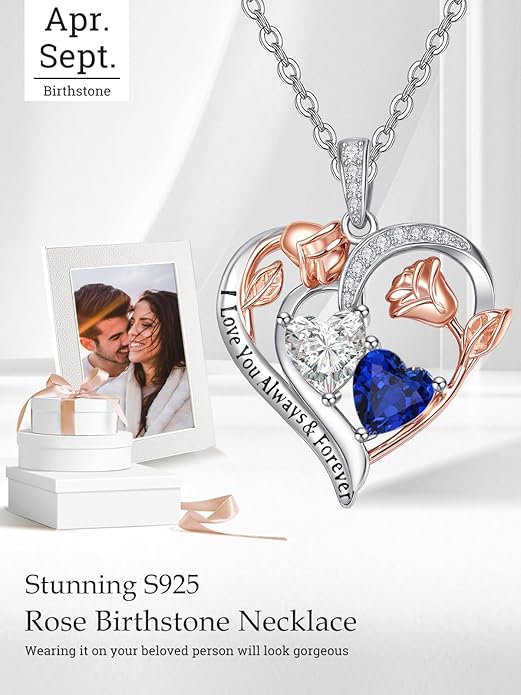 Zeuslia Double Birthstone Necklace Gifts for Wife - 925 Sterling Silver Sunflower/Rose/Crown Cross/Compass/Heart Pendant I Love You Necklace, Anniversary Birthday Gifts for Wife Girlfriend Mom Her