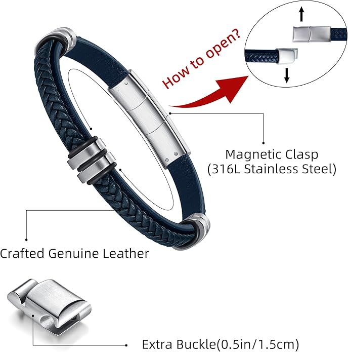 Leather Bracelet for Men with Adjustable Stainless Steel Magnetic Clasp Multi-Layer Braided Mens Leather Bracelet