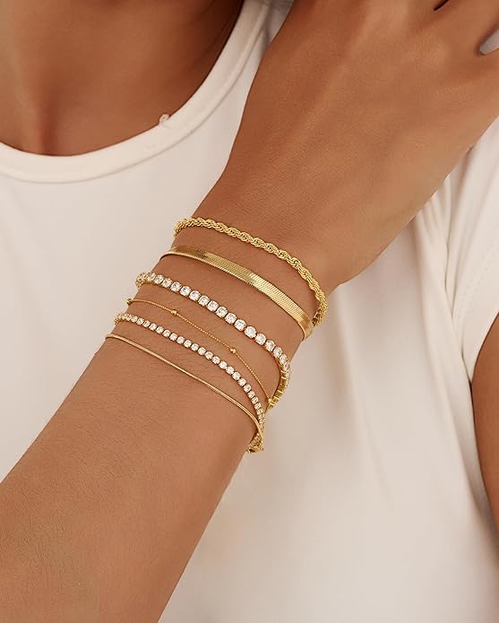 Gold Bracelets for Women 14K Gold Plated Stack Trend Bracelets Charm Paperclip Chain Cuban Link Layered Waterproof Bracelet Dainty Bracelet for Women Jewelry Gifts