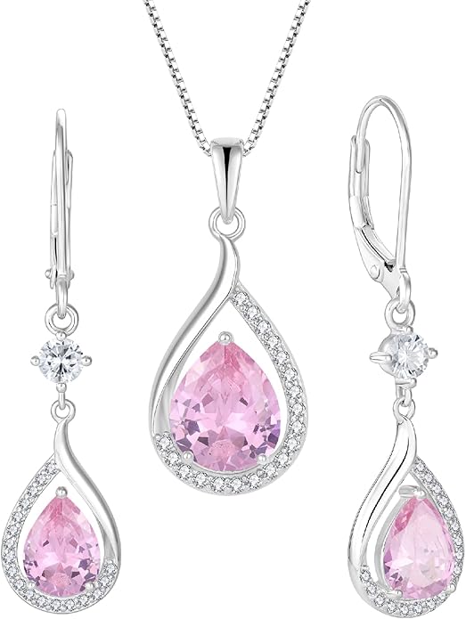 925 Sterling Silver Created Pink Tourmaline Jewelry Set for Women Teardrop Birthstone Dangle Drop Earrings and Necklace Set Jewelry for Her