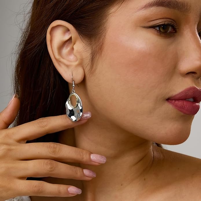 Hefanny Large Hammered Teardrop Dangle Earrings Geometric Chunky Flower Earrings Women's Trendy Statement Jewelry Multiple Styles
