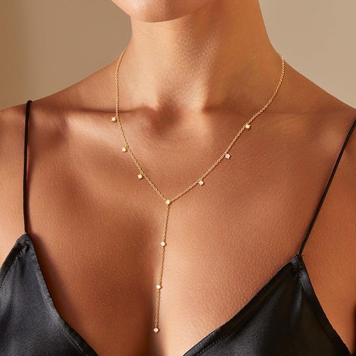 LOVELUCK Long Lariat Necklace for Women,Dainty Layered Y-Shaped Necklaces 14k Gold/Silver Plated Drop Chain Trendy Christmas Jewelry Gifts