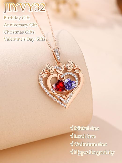 JIYVY32 Rose Heart Necklace for Women Exquisite 925 Sterling Silver Anniversary Birthday Gifts for Wife Mom Her Double Birthstone Pendant Jewelry