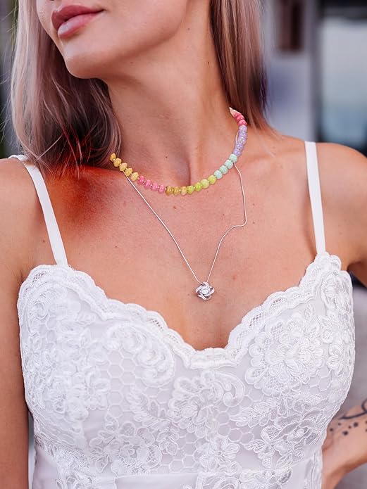 CrystalTears Beaded Gemstone Necklace for Women, Womens Colorful Boho Stone Bead Choker Necklace, Handmade Natural Crystal Stone Summer Beach Jewellery Gifts for Women Mom Christmas