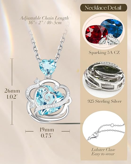 FANCIME Thornless Pulse Birthstone Necklace for Women Sterling Silver Rose Pendant Fine Jewelry Gemstone Birthday Valentines Day Gifts for Wife Her