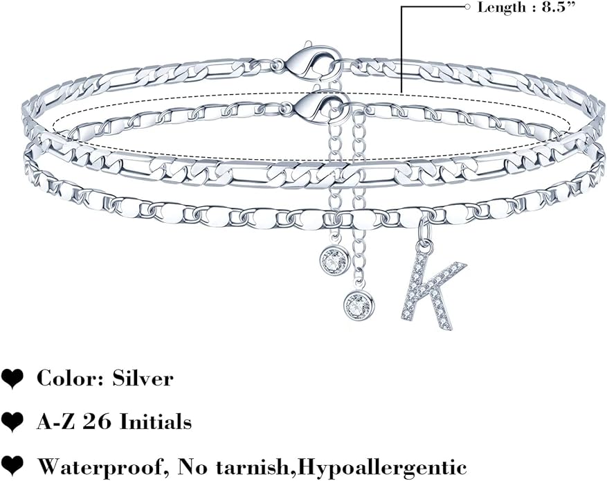 Ursteel Ankle Bracelets for Women, 14K-Gold-Plated Dainty Layered Chain CZ Initial Anklets Set Summer Jewelry Gifts for Women