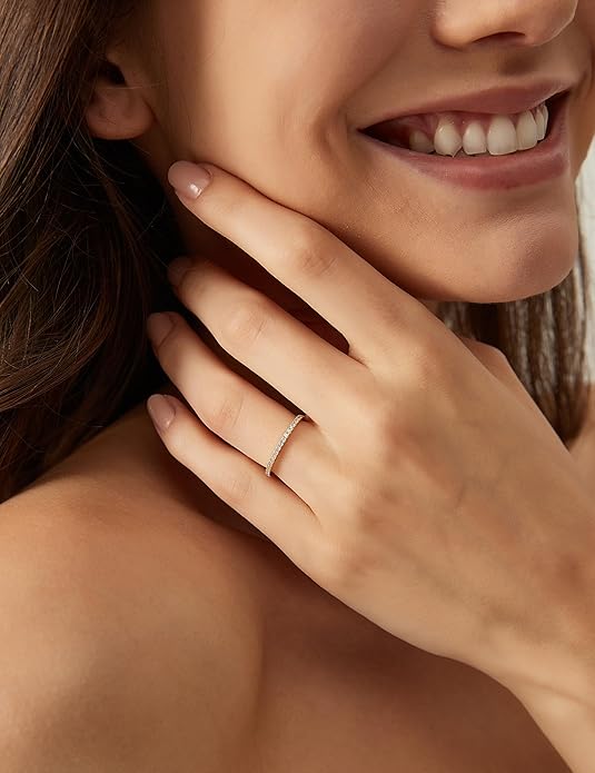 EAMTI 1.5mm 14K Gold Plated Eternity Bands for Women 925 Sterling Silver Half Eternity Stackable CZ Engagement Ring for Women Size 3-10