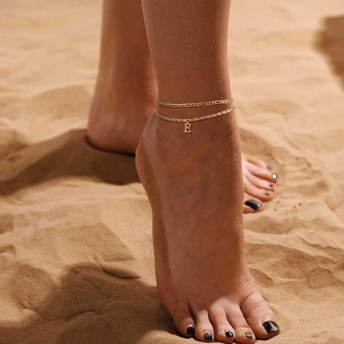 Tasiso Initial Ankle Bracelets for Women，Layered Waterproof Anklet for Women 14K Gold Filled Anklets Layering Thin Figaro Letter Anklet Summer Jewelry Gifts for Women