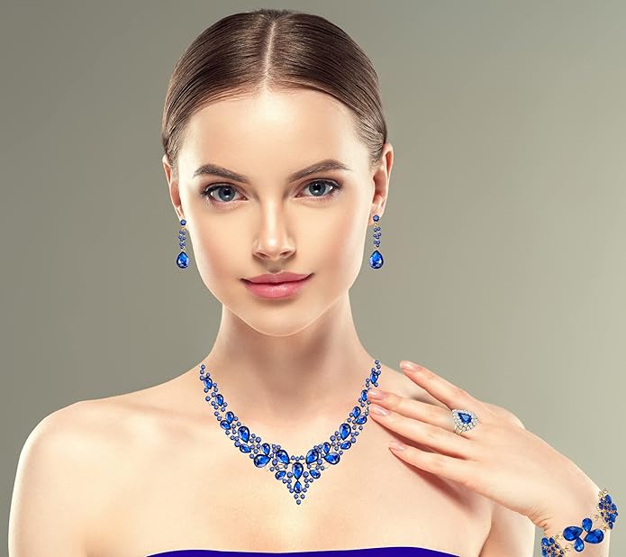 Paxuan Crystal Bridal Wedding Jewelry Sets for Women Rhinestone Teardrop Crystal Statement Choker Necklace Drop Earrings Link Bracelets Rings Teardrop Jewelry Set for Brides Bridesmaids