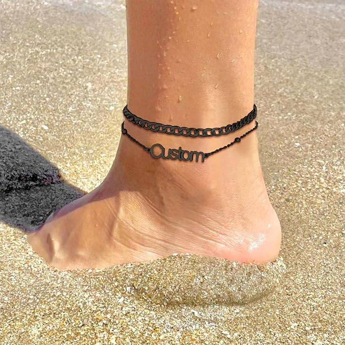 U7 Custom Layered Ankle Bracelets for Women Stainless Steel Bead/Cuban/Figaro/Rope/Wheat Chain Anklet Waterproof Anklet Jewelry for Beach Vacation