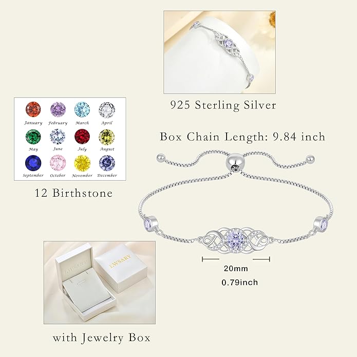 Infinity Celtic Knot Bracelet 925 Sterling Silver Birthstone Bracelet Irish Jewelry for Women