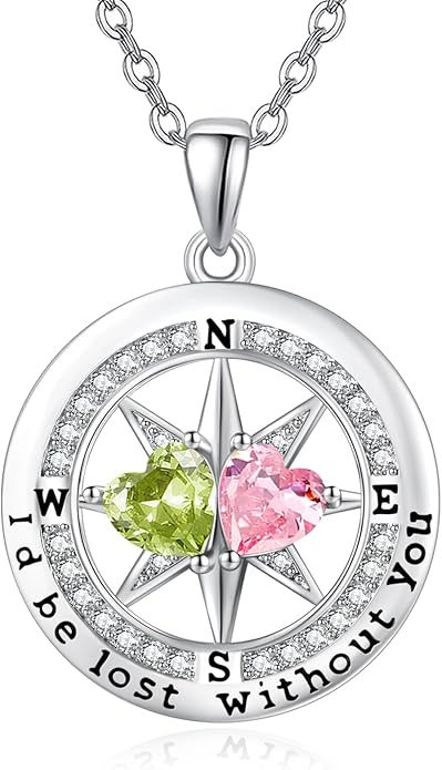 Compass Birthstones Necklace for Women, Exquisite Anniversary Birthday Gifts for Wife Her Double Birthstone Pendant jewelry ‘I'd be Lost Without You’