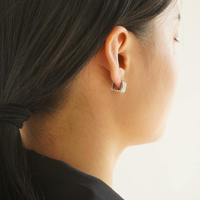 14K Gold Plated Hoop Earring Small Square Huggies Hoops For Women, Minimalist Cute Earrings for Women Girls Gift, gold silver rose gold black and CZ