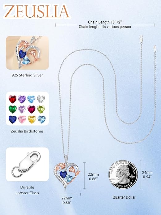 Zeuslia Double Birthstone Necklace Gifts for Wife - 925 Sterling Silver Sunflower/Rose/Crown Cross/Compass/Heart Pendant I Love You Necklace, Anniversary Birthday Gifts for Wife Girlfriend Mom Her