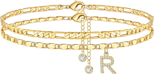 Ursteel Ankle Bracelets for Women, 14K-Gold-Plated Dainty Layered Chain CZ Initial Anklets Set Summer Jewelry Gifts for Women