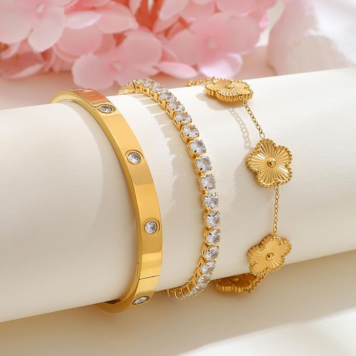 Womens Stackable Floral Gold Bracelets - 3Pcs 18K Gold Plated Bracelet,Stainless Steel Bangle Bracelets Non Tarnish, Gold Bracelet Set Trendy Jewelry,Christmas Valentines Birthday Gifts for Girlfriend