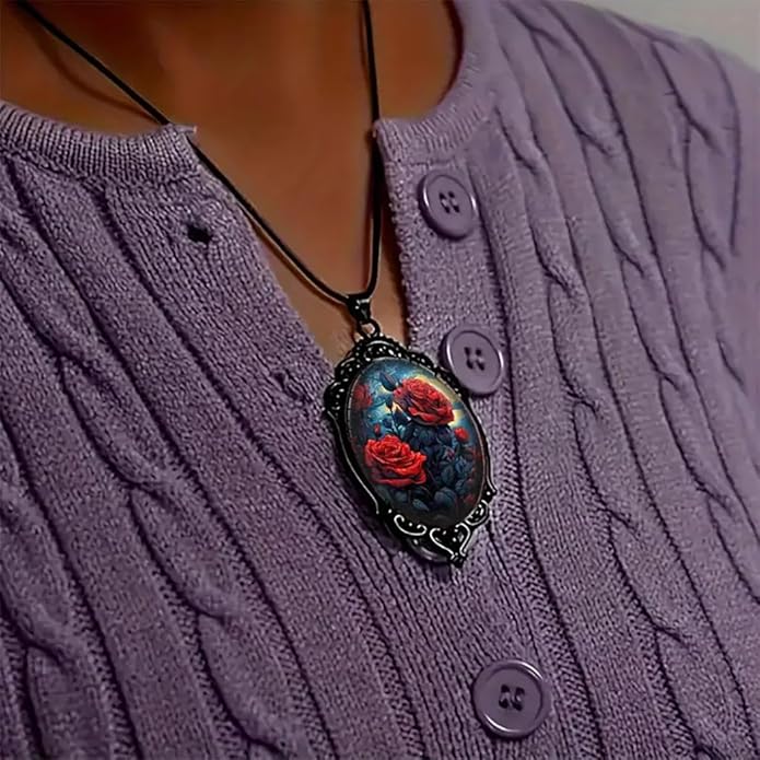 Gothic Rose Glass Necklace for Women Vintage Satan Demon Pendant Halloween Roses Necklaces Dark Punk Style Necklace Victoria Emboss Necklaces Mystic Witch Jewelry Gift Accessories