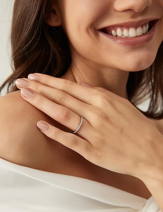 EAMTI 1.5mm 14K Gold Plated Eternity Bands for Women 925 Sterling Silver Half Eternity Stackable CZ Engagement Ring for Women Size 3-10