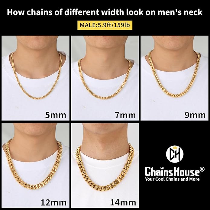ChainsHouse Stainless Steel Mens Cuban Link Chain, Black/ 18K Gold Plated Miami Cuban Chain Necklace, 5mm/7mm/9mm/12mm/14mm Width, No Tarnish& Durable Hip Hop Mens Jewelry, 18"-30", Send Gift Box