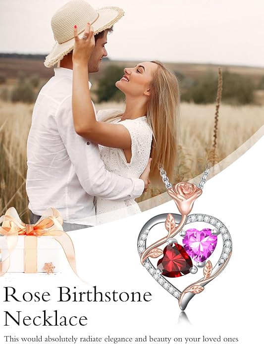 Christmas Gifts for Women Rose Heart Birthstone Pendant Necklace I Love You Forever Jewelry Valentine Mothers Day Birthday Gifts for Women Her Wife Girlfriend