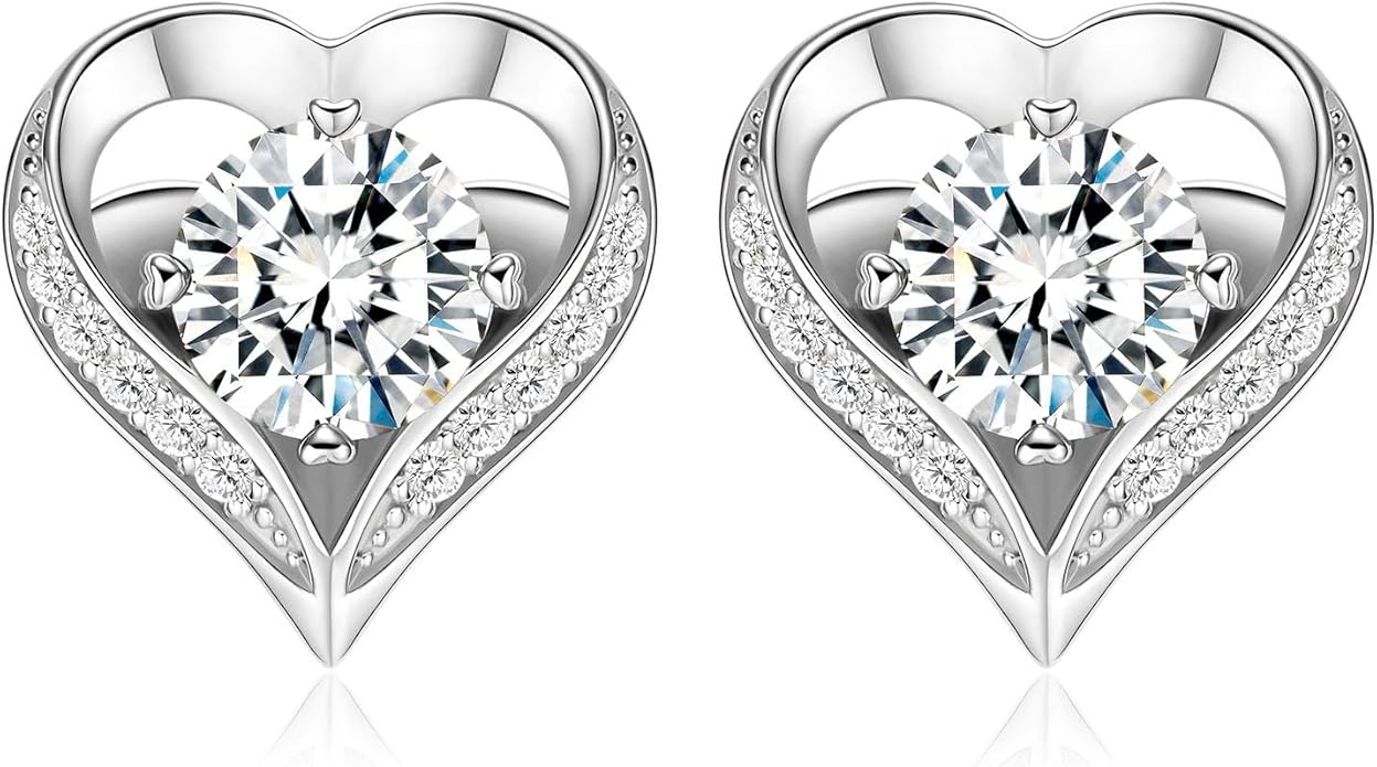 LOVE&LOVE Moissanite Stud Earrings for Women, Classic Round & Heart Designs,18K White Gold Plated Silver, Sparkly Hypoallergenic Gift, Birthday Anniversary Christmas Valentines