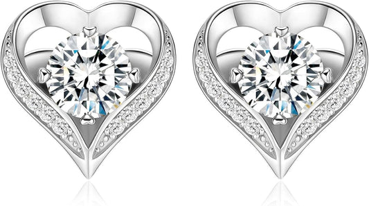 LOVE&LOVE Moissanite Stud Earrings for Women, Classic Round & Heart Designs,18K White Gold Plated Silver, Sparkly Hypoallergenic Gift, Birthday Anniversary Christmas Valentines