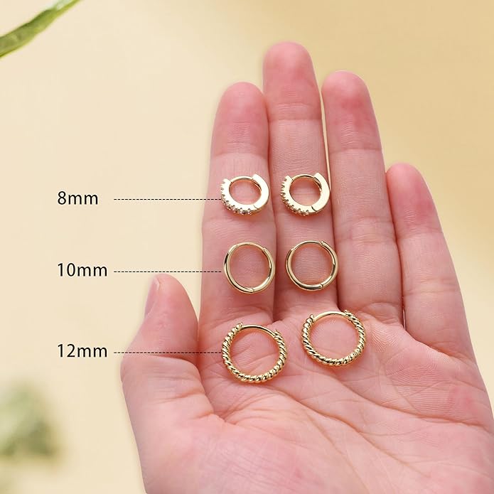micuco 3 Pairs Small Hoop Earrings Set for Women, 14K Gold Plated Huggie Hoop Earrings for Men, Tiny Cartilage Hypoallergenic Earring Set