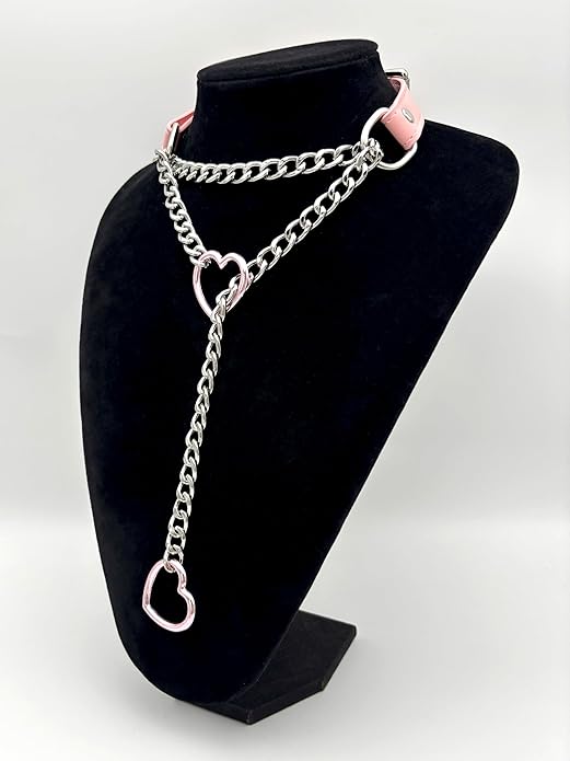 Black Leather Choker Collar For Women, Handmade Heart Slip Chain Choker Long Necklace with Adjustable Buckle