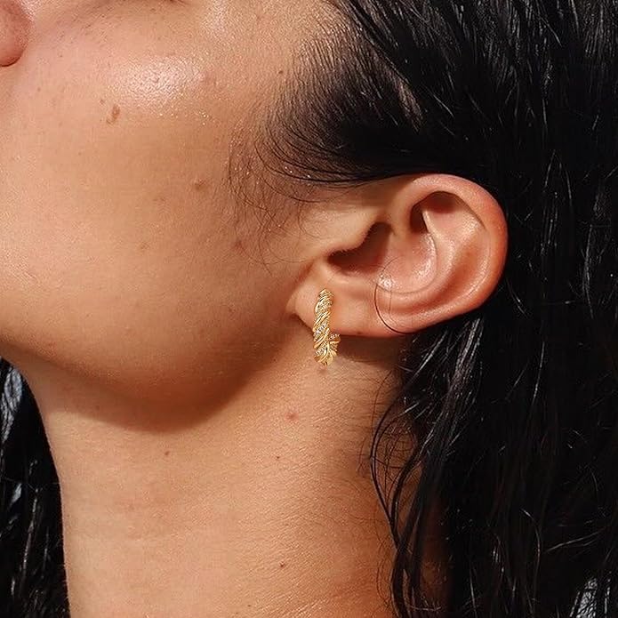 Gold Huggie Hoop Earrings 14K Gold Plated Dainty Chunky Thick Hoop Diamond Cubic Zriconia Inlay Sleeper Tiny Delicate Boho Beach Simple Hypoallergenic Jewelry Gift for Her