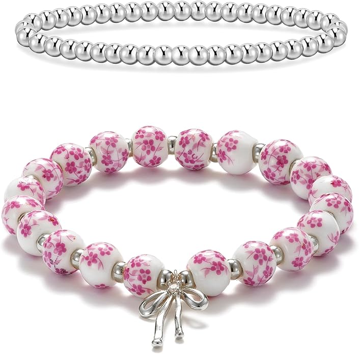 Beads Bow Charm Bracelet for Women Flower Vintage Bracelet Handmade Stretch Beaded Dainty Romantic Jewelry Gifts