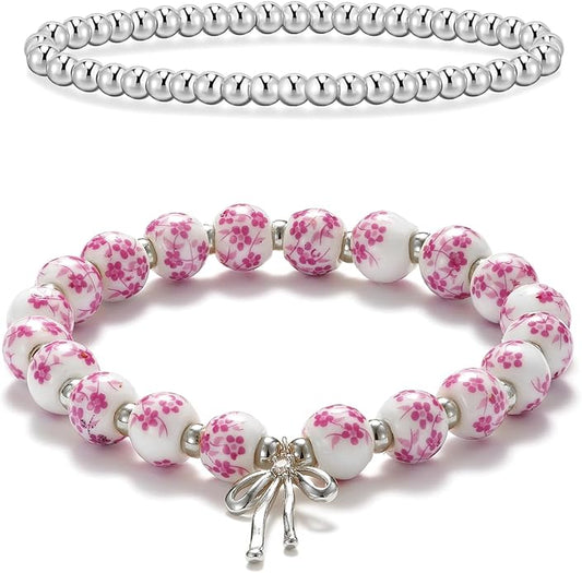 Beads Bow Charm Bracelet for Women Flower Vintage Bracelet Handmade Stretch Beaded Dainty Romantic Jewelry Gifts