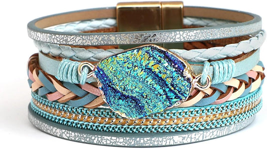 Fesciory Leopard Bracelet for Women, Boho Leather Wrap Multi-Layer Pearl Crystal Bracelet Bangle Jewelry