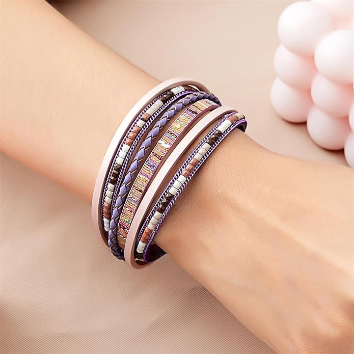 Fesciory Leather Wrap Bracelets for Women, Boho Leopard Multi-Layer Crystal Beads Cuff Bracelet Jewelry