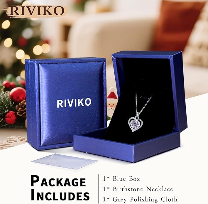 RIVIKO Heart Birthstone Pendant Necklace for Women 925 Sterling Silver Zirconia Necklaces Wedding Anniversary Birthday Mothers Day Jewelry Gifts For Her Mother Wife