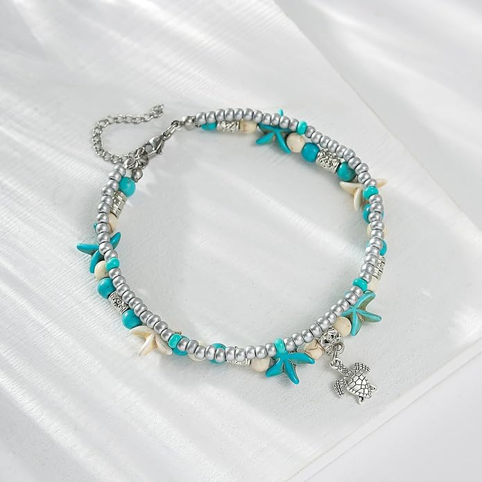 Starain Blue Turtle Anklets for Women Multilayer Beads Handmade Beach Ankle Bracelet Set Boho Foot Jewelry