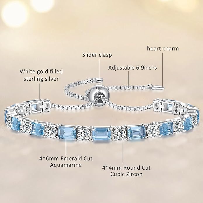 Birthstone Tennis Bracelets for Women White Gold Sterling Silver Gemstone Bracelets Adjustable Chain 6-9 Inchs Jewelry Anniversary Birthday Gifts for Women Mom Wife Her