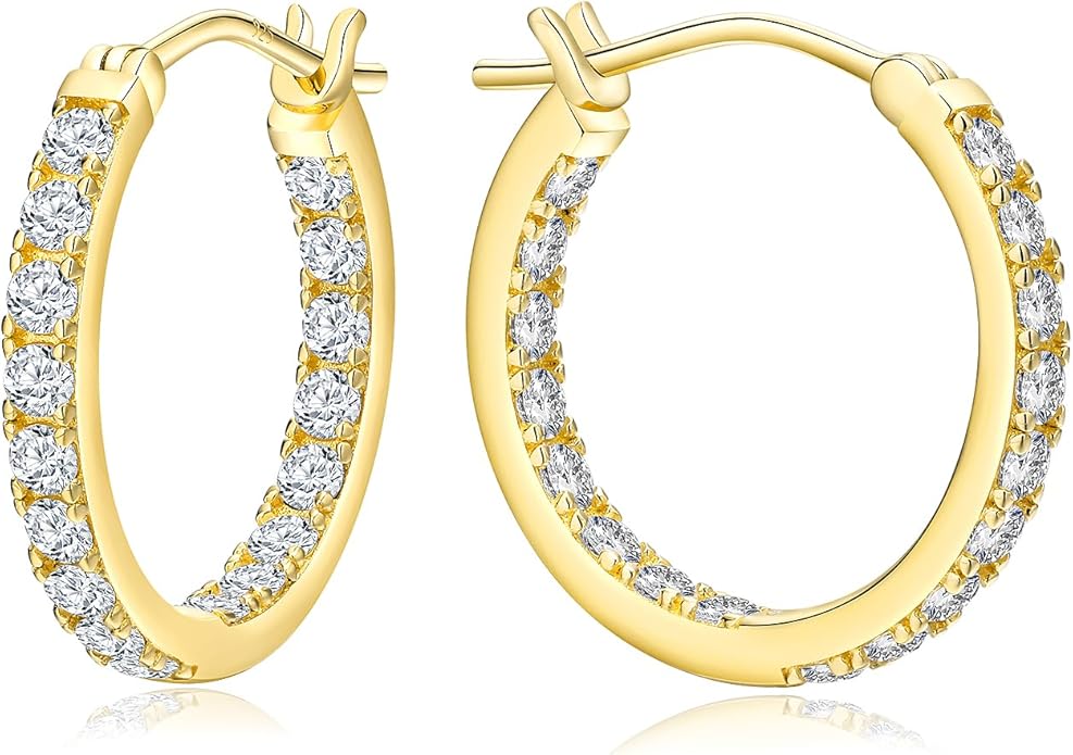 Yellow Gold Plated/925 Sterling Silver Sparkle Cubic Zirconia Hoop Earrings for Women fit Sensitive Ears 14mm/20mm/26mm Huggie/Medium/Large Hoops(with Gift Box)