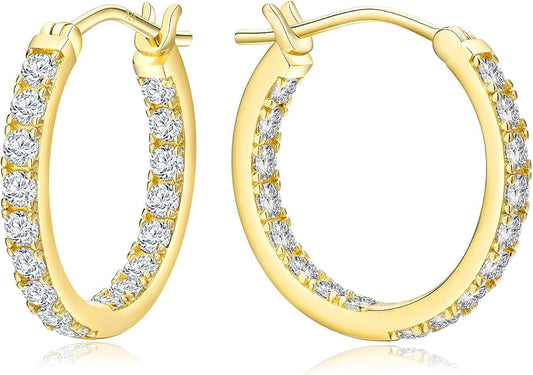 Yellow Gold Plated/925 Sterling Silver Sparkle Cubic Zirconia Hoop Earrings for Women fit Sensitive Ears 14mm/20mm/26mm Huggie/Medium/Large Hoops(with Gift Box)