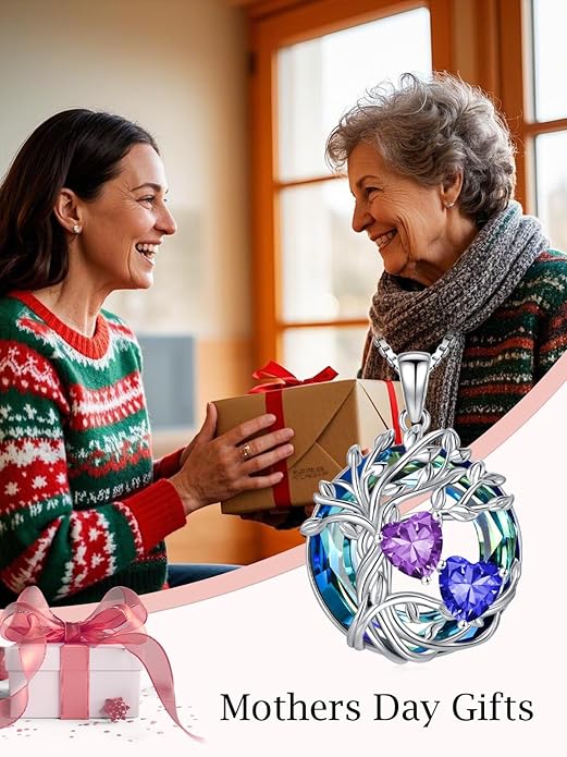 TOUPOP s925 Sterling Silver Family Celtic Tree of Life Pendant Necklaces with 2 Heart Birthstone with Blue Austrian Crystal Jewelry Birthday Anniversary Christmas Gifts for Her Wife Girlfriend Mom (18K Real White Gold Filled)